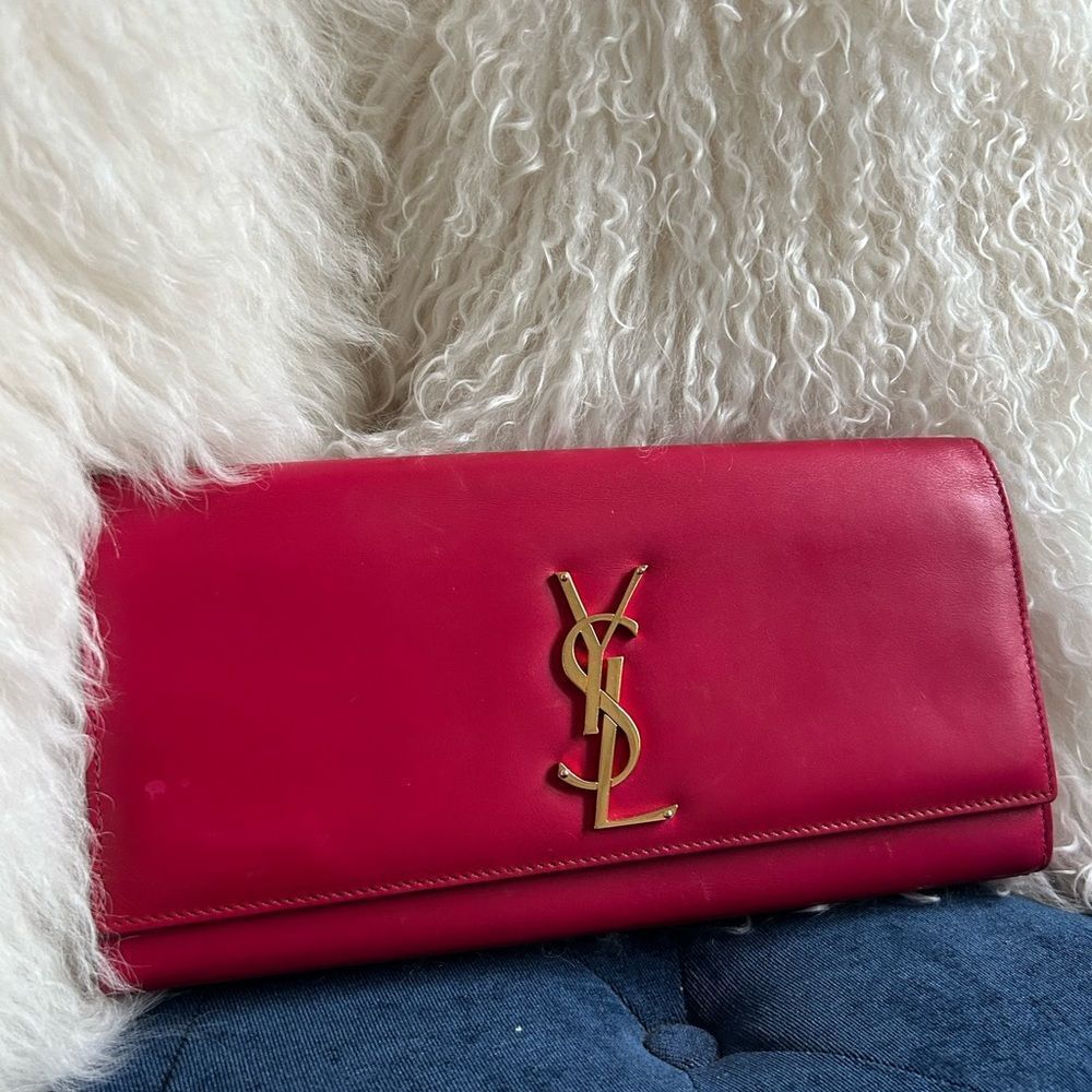 Yves Saint Laurent Fuchsia Clutch with Gold Logo